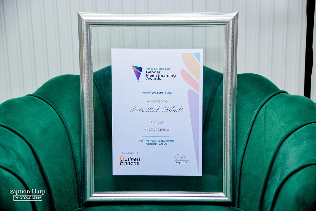 Positive Role Model Award certificate, Africa & Middle East Gender Mainstreaming Awards 2024