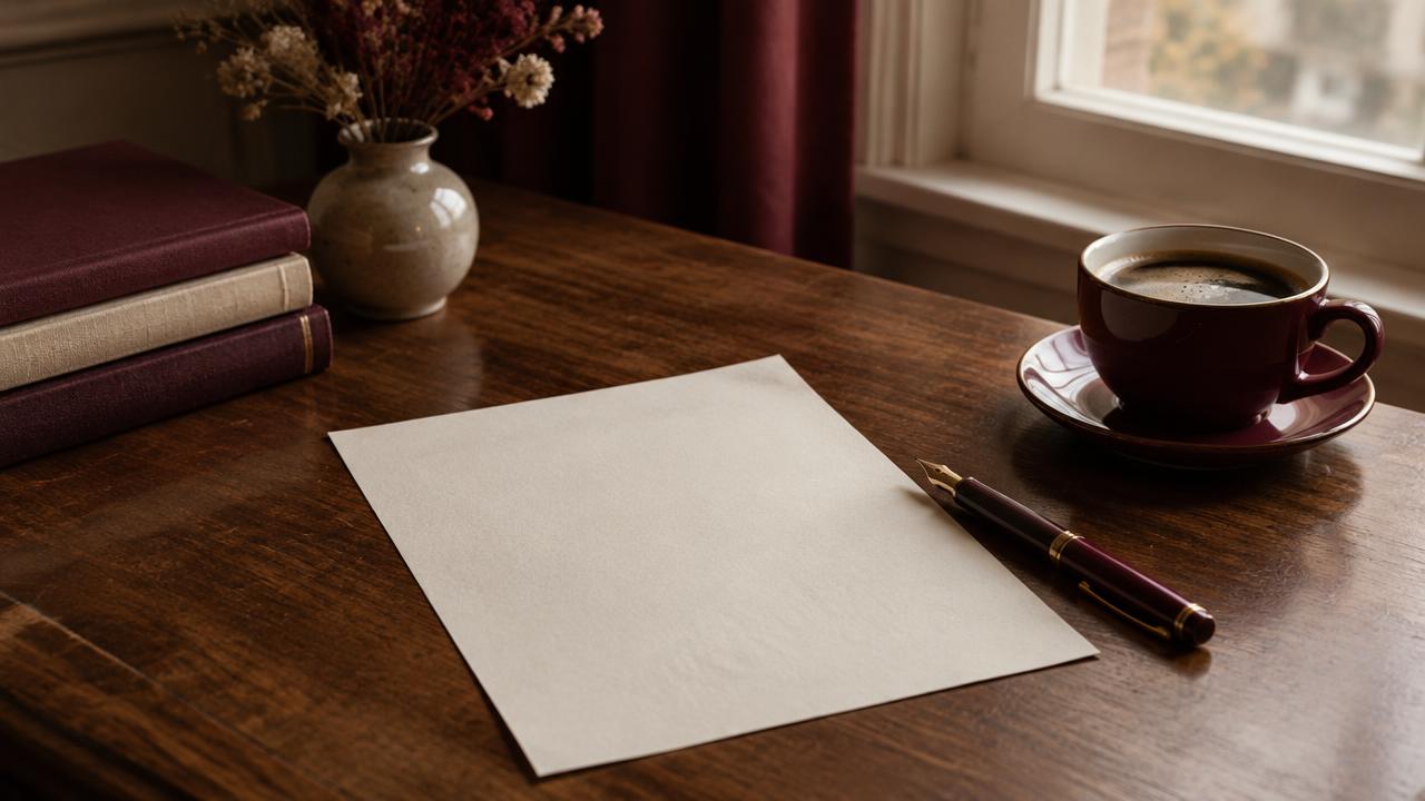 An unsigned letter and fountain pen resting on a desk beside a cup of coffee