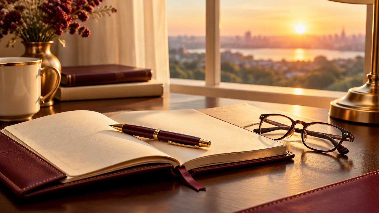 An open notebook, pen and glasses on a desk at sunrise