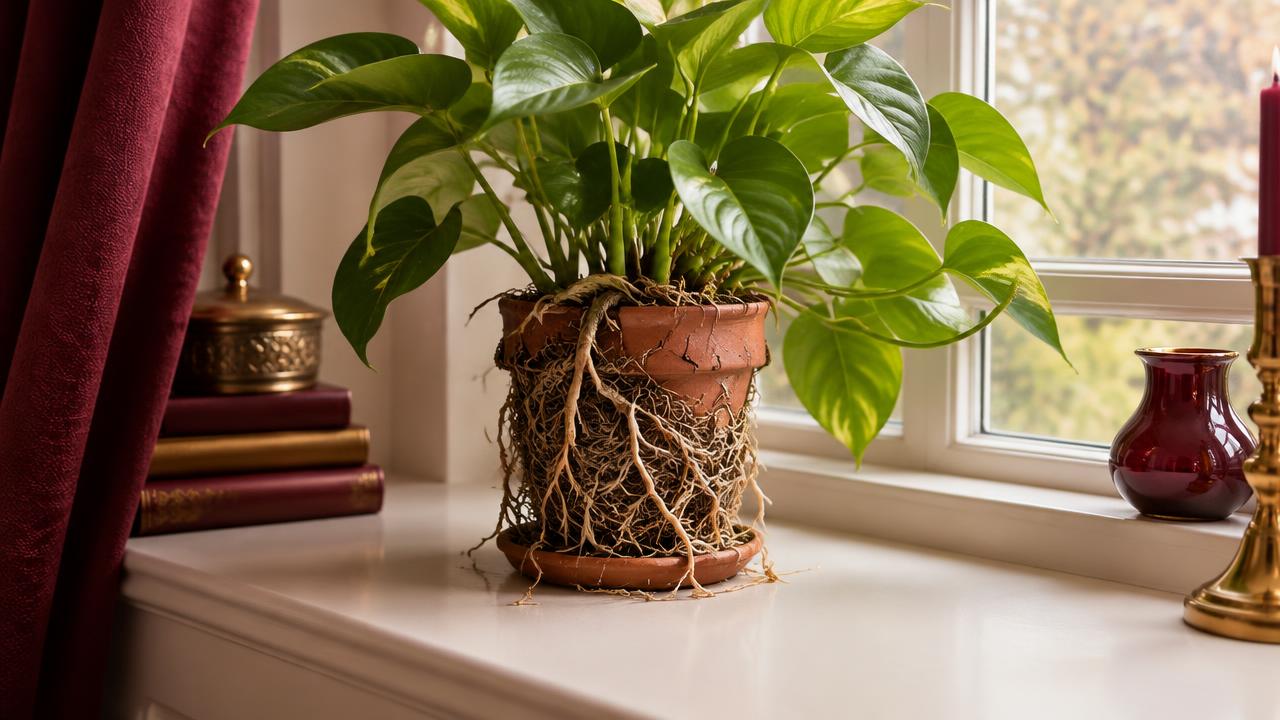 A thriving plant whose roots have outgrown its small clay pot